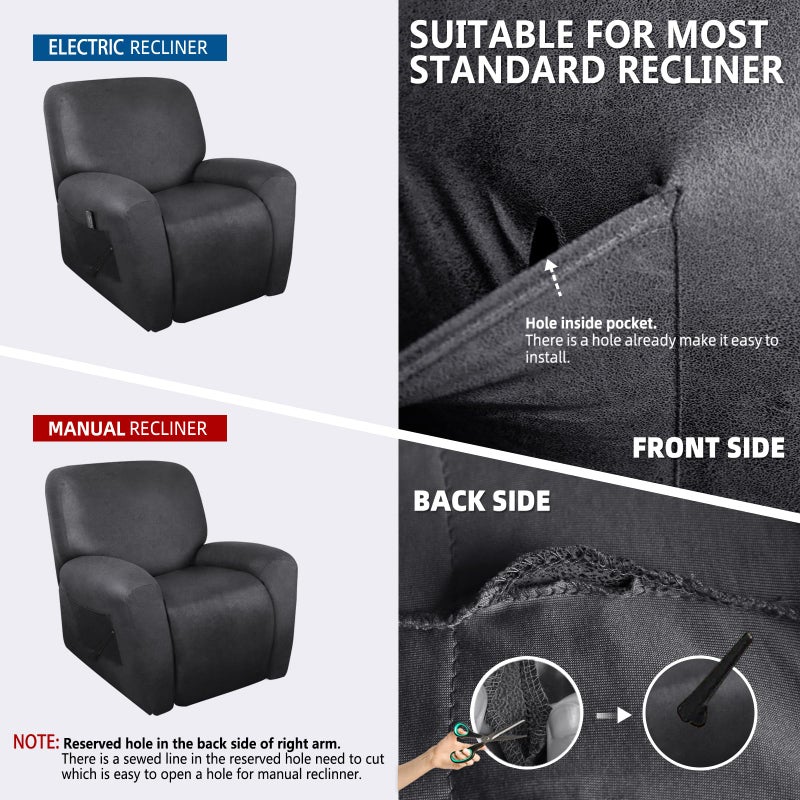 molasofa Recliner Chair Covers - 4 Pieces Leather Like Large Recliner Covers with Pocket Soft Stretch Recliner Slipcover for Lazy Boy Recliner Chair Washable Furniture Protector (Dark Grey) - Image 3